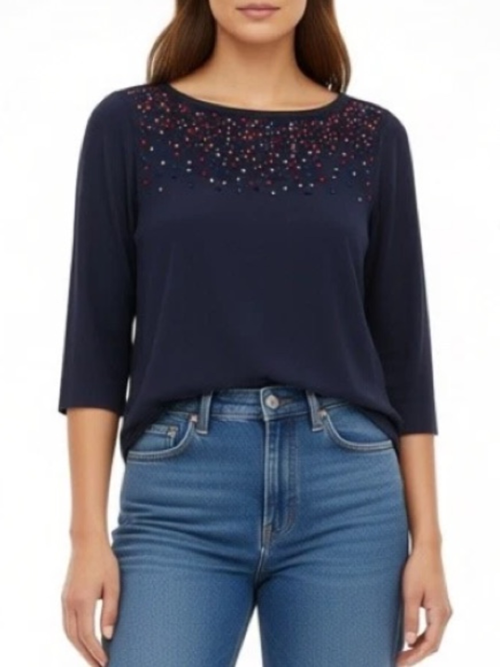 Talbots 3/4 sleeves multicolor embellish mini pom pom top women's size large